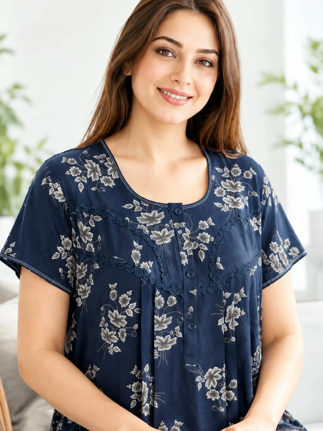 JoyDream navy floral nighty modelled in a bright interior